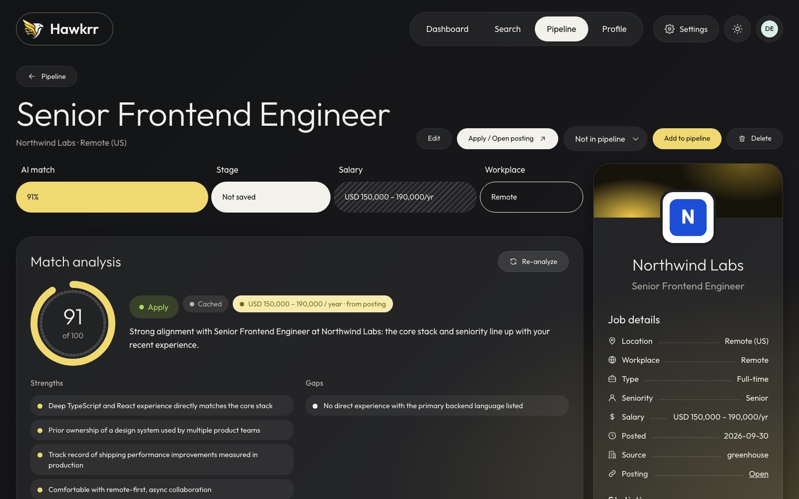 Job detail page with AI match analysis and generated resume and cover letter