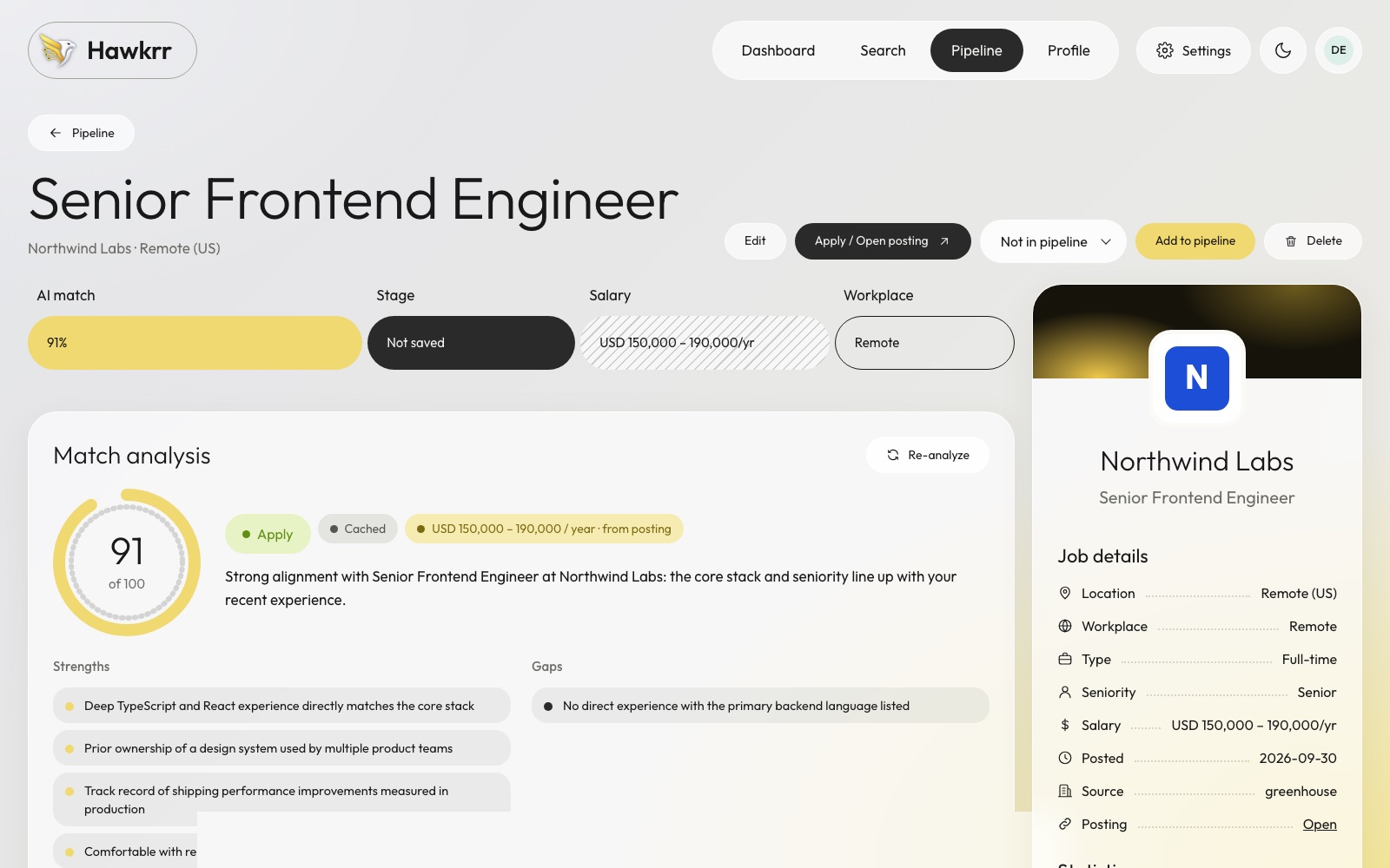 Job detail page with AI match analysis and generated resume and cover letter