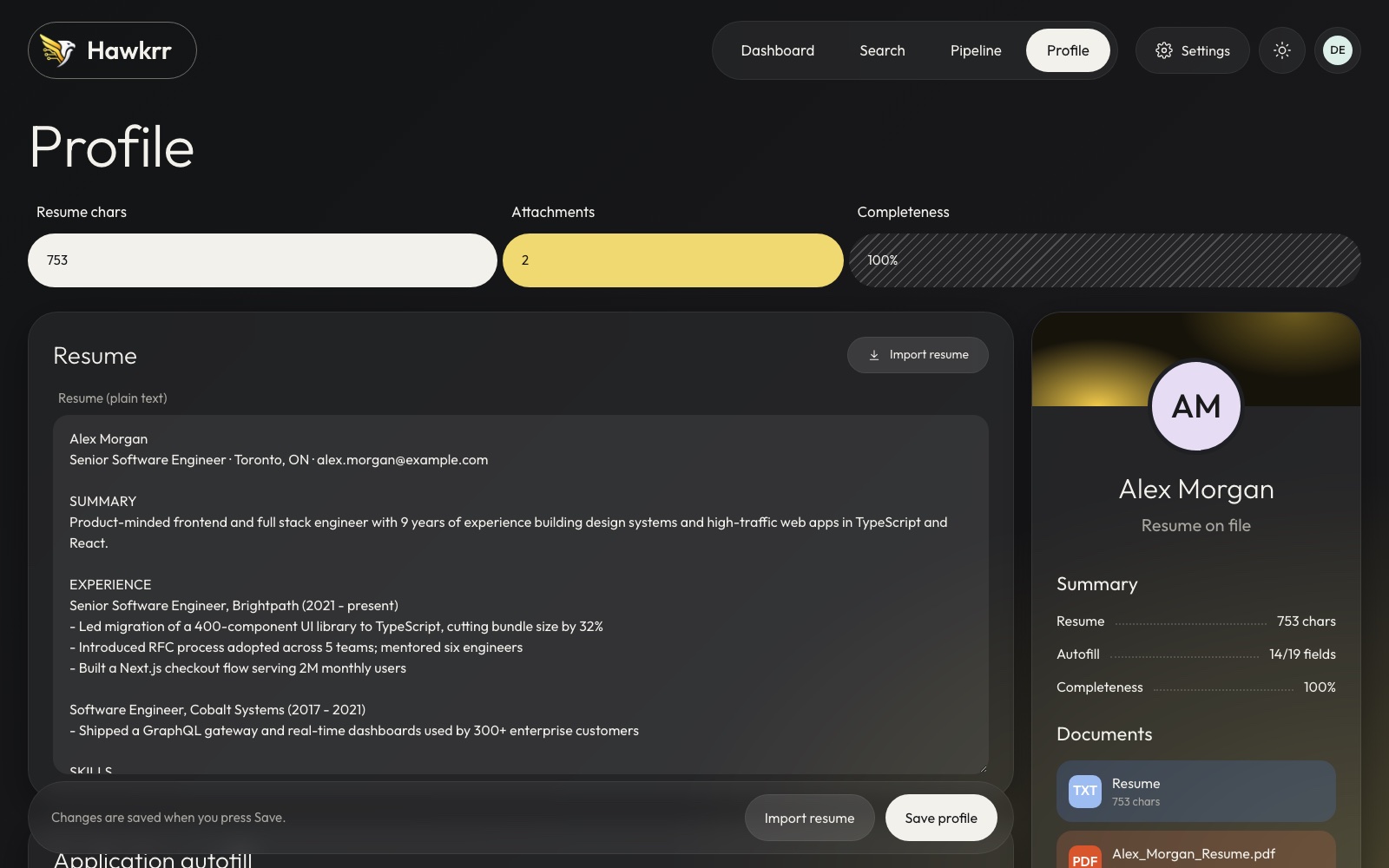Profile page with resume, skills and job preferences