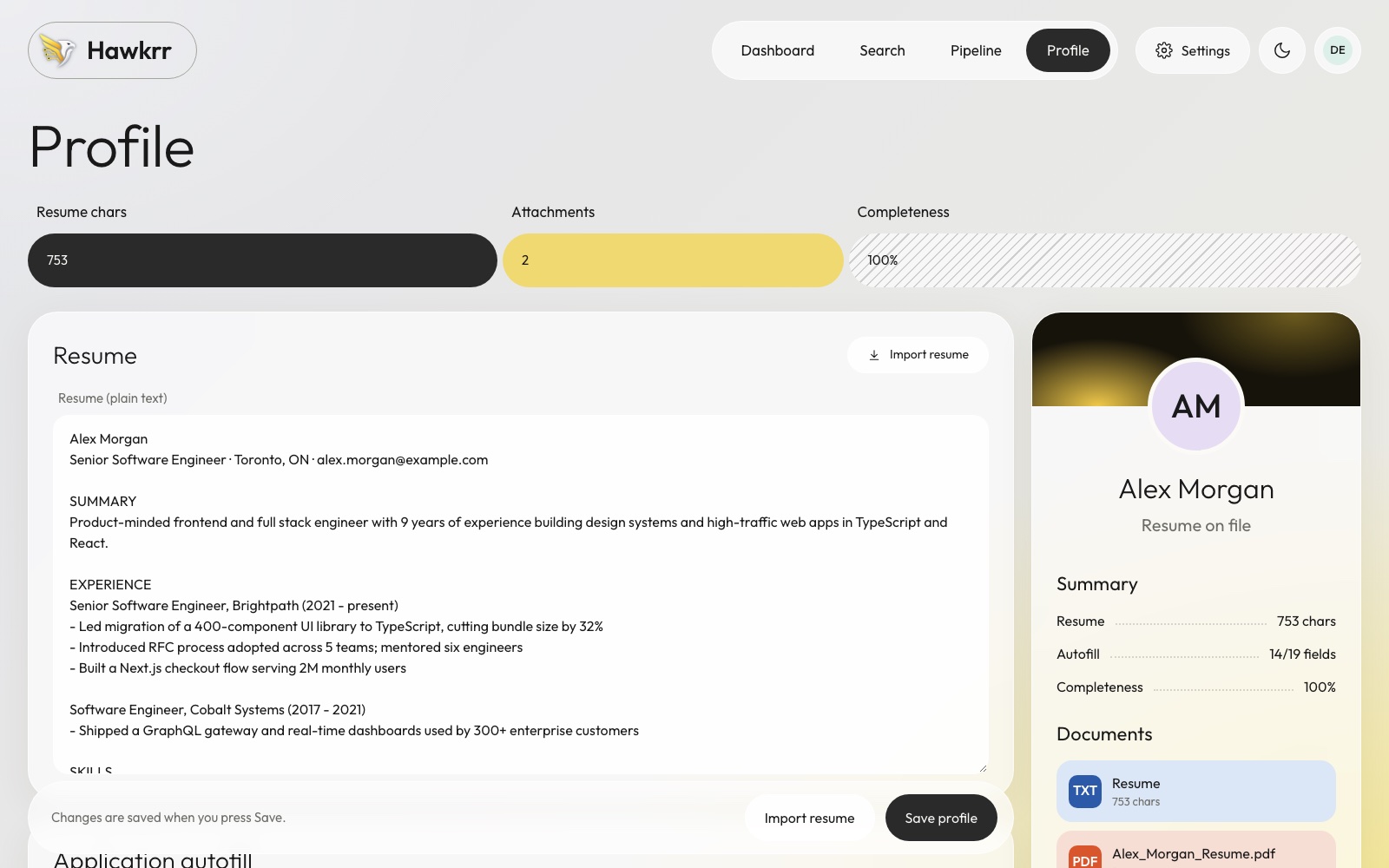 Profile page with resume, skills and job preferences