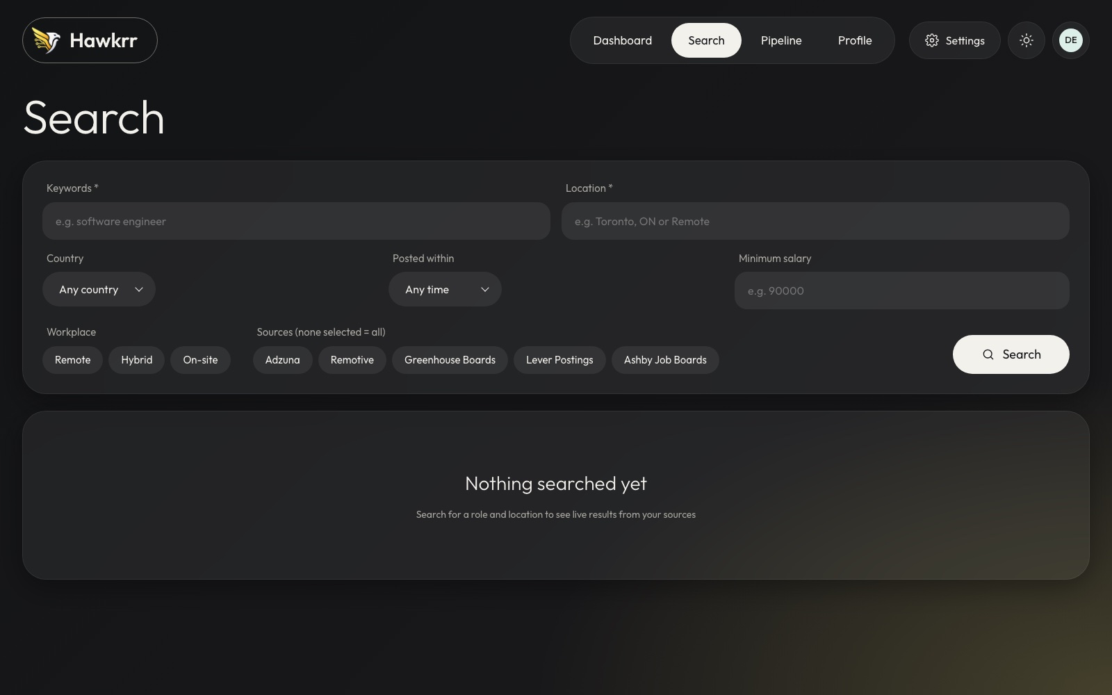 Hawkrr search page listing live jobs with match scores and filters