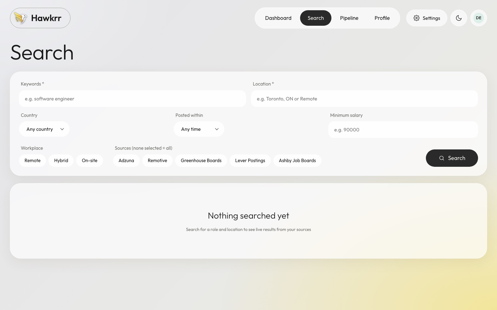 Hawkrr search page listing live jobs with match scores and filters
